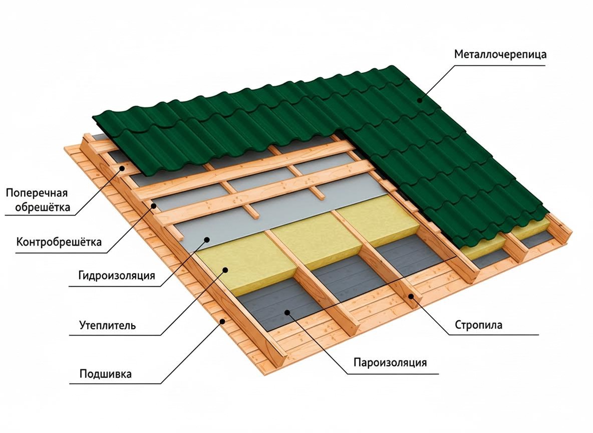кровельный пирог - монтаж металлической черепицы в Раменском
